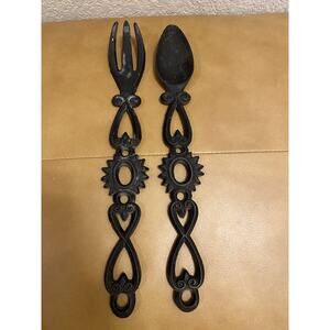 2 Vintage Decorama Black Cast Iron 13" Fork Spoon Salad Kitchen Wall Decor